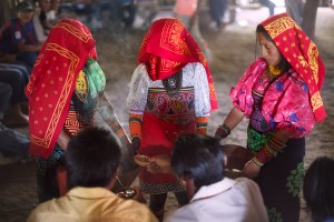 During the Inna-Suit celebration three woman serve an alcoholic brew to the guests. The person in the middle is the initiated girl, her body is painted in black and a red scarf is covering her head. During the celebration she is not allowed to take of her scarf and show her face. There are only about 1200 Tule people left in Colombia. They are one of the 34 Tribes in danger of extinction. Due their location in the Darien Gap near the boarder of Panama the Tule people have suffered threads from both the leftist Guerilla and the right wing paramilitary. A lot of families have left the community and moved to Panama, where most of the Tule (in Panama Kuna) people live nowadays.